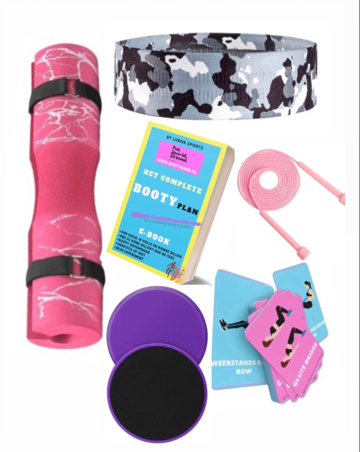 Voordelige sportartikelen combinatie deal. Inclusief roze barbell pad, camouflage bootyband, Booty E-Guide, Roze springtouw, Paarse soliders voor fitness en het fitnesskaartspel 