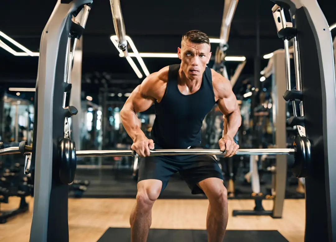 Verschillende fitnessapparaten, waaronder dumbbells, een bankdrukstation en een weerstandsband, zijn opgesteld in een moderne thuisgym, klaar voor een effectieve training