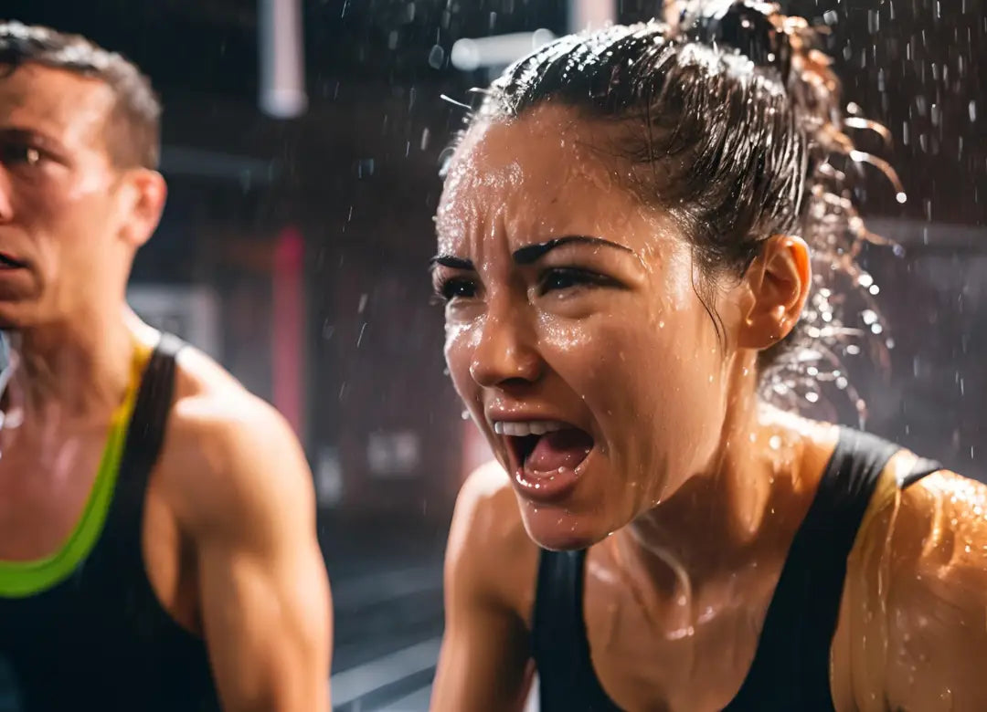 Persoon bezig met intensieve cardio-oefening, zweetdruppels zichtbaar als teken van hard werken wat bijdraagt aan een gezonde en actieve levensstijl