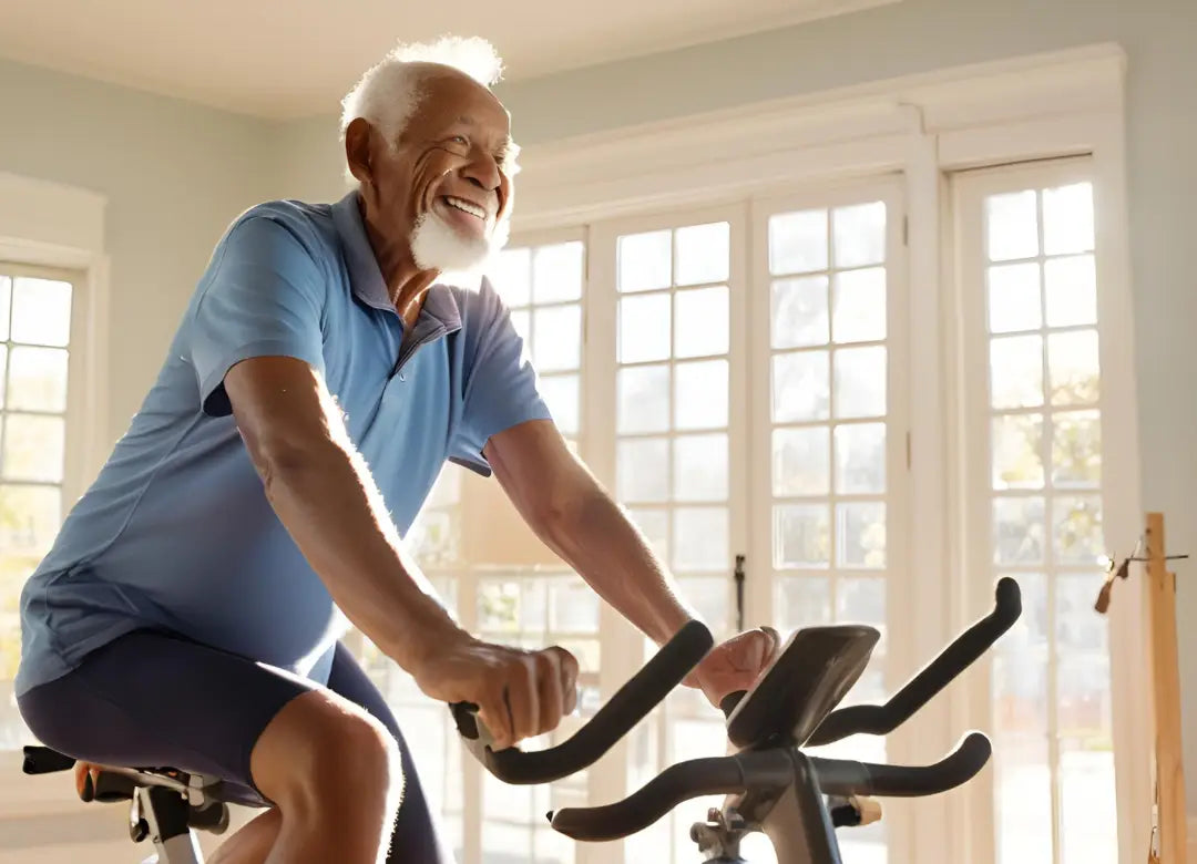 Een oudere man traint thuis op een hometrainer. Fiets thuis is geschikt voor oudere en jongere 