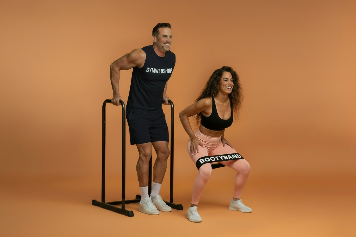 allebei kijkend naar rechts en man moet trainen op de dip station en vrouw iets donkerder van huidskleur en schuin dezelfde kant op als man en vrouw meer curvy en platte buik  