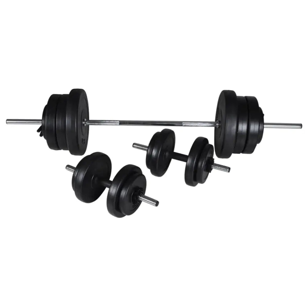 Gewichttrainingsset bestaande uit een barbell en dumbbells met verstelbare platen.