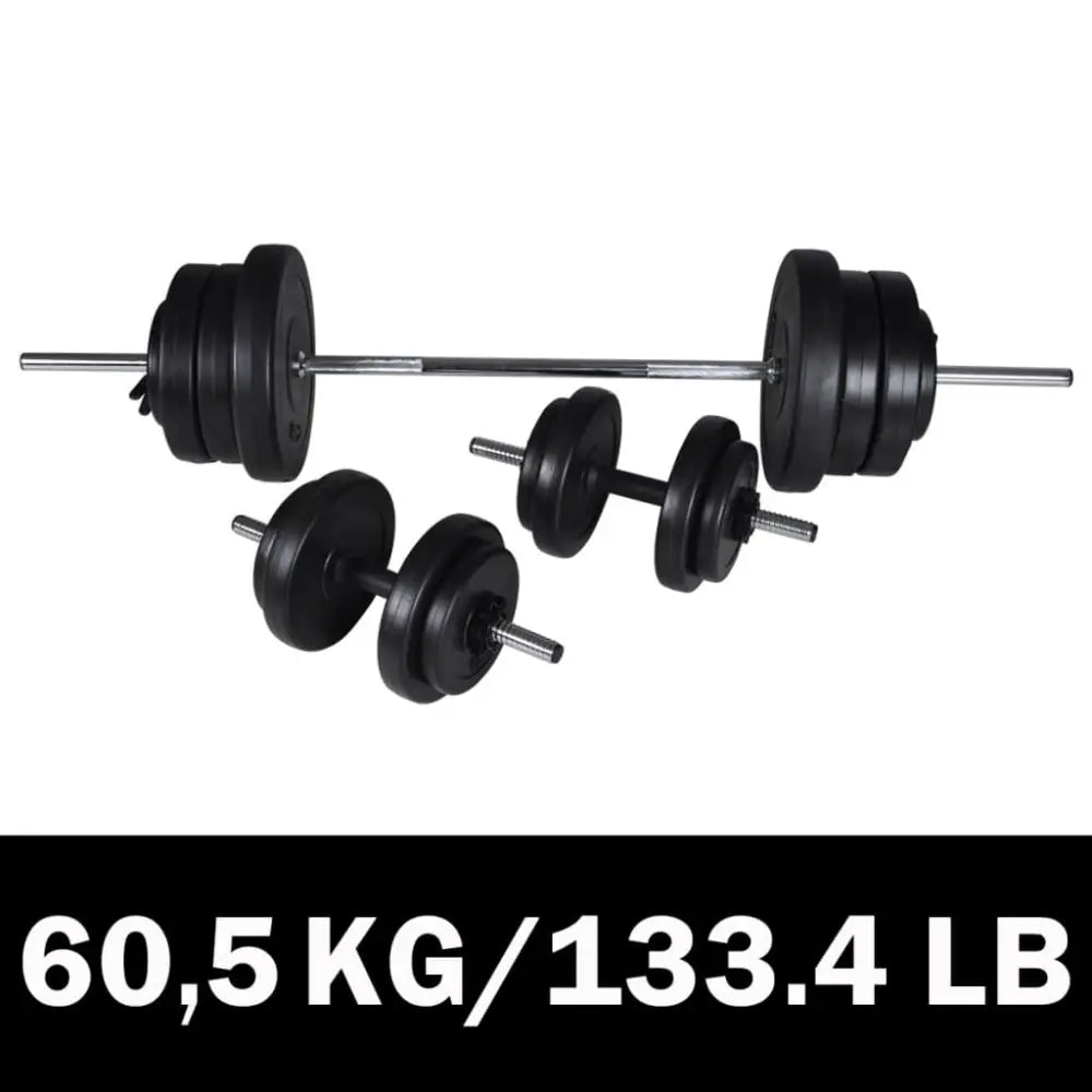 Gewichttrainingsset bestaande uit een barbell en dumbbells met verstelbare platen.