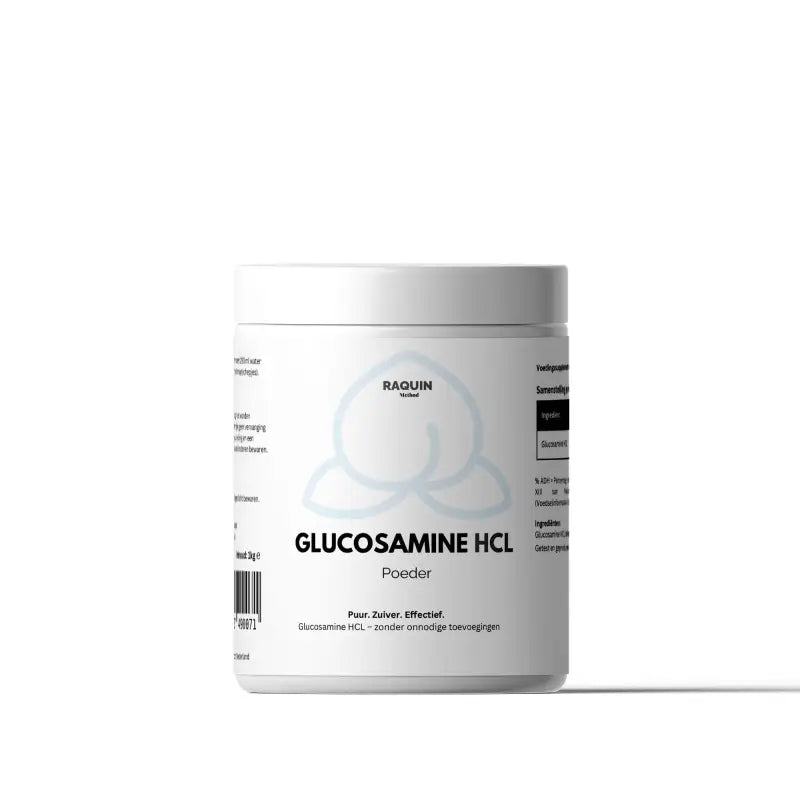 Witte container met glucosamine HCL poeder voor gewrichten, RAQUIN Method
