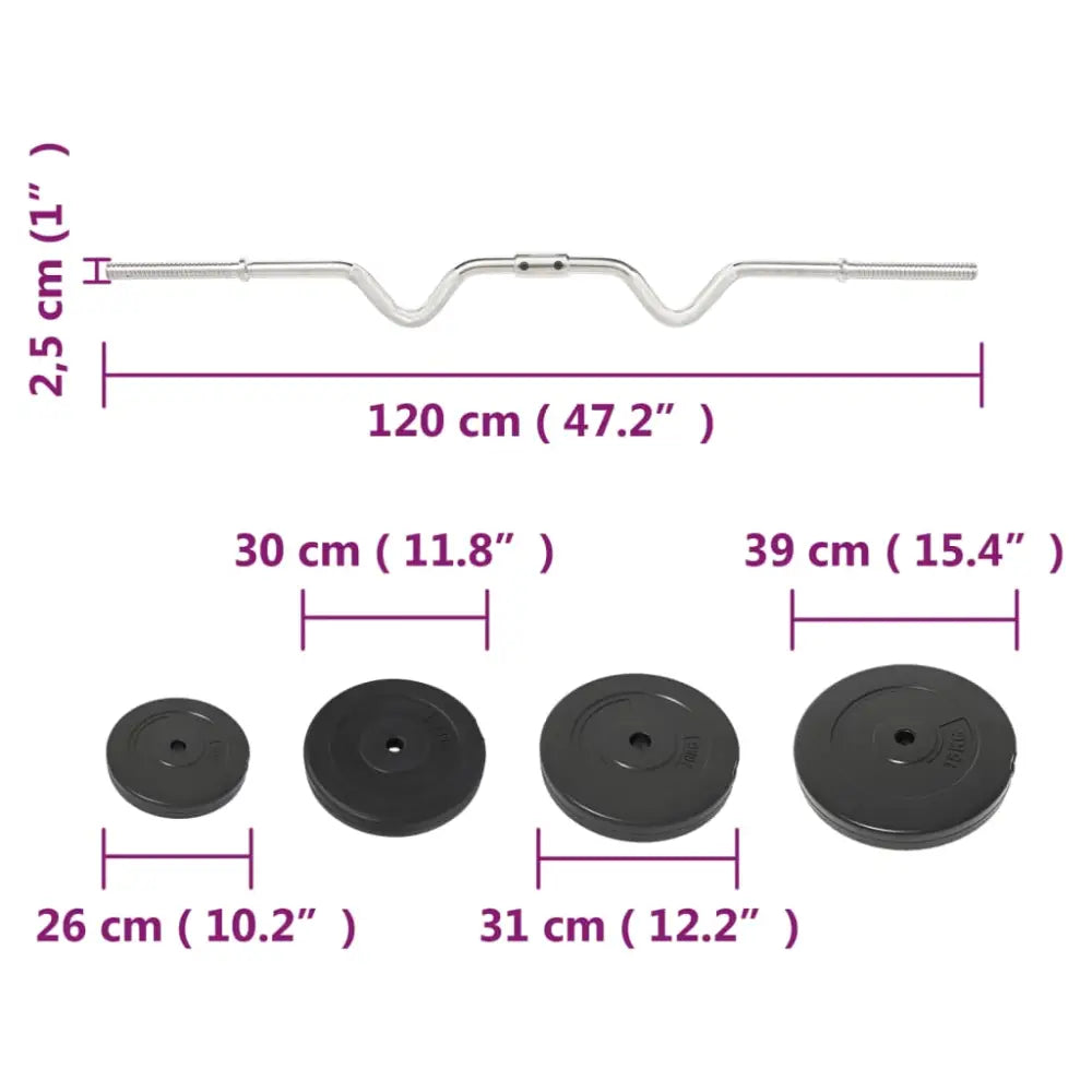 Gebogen metalen halterstang met halterschijven van verschillende maten.