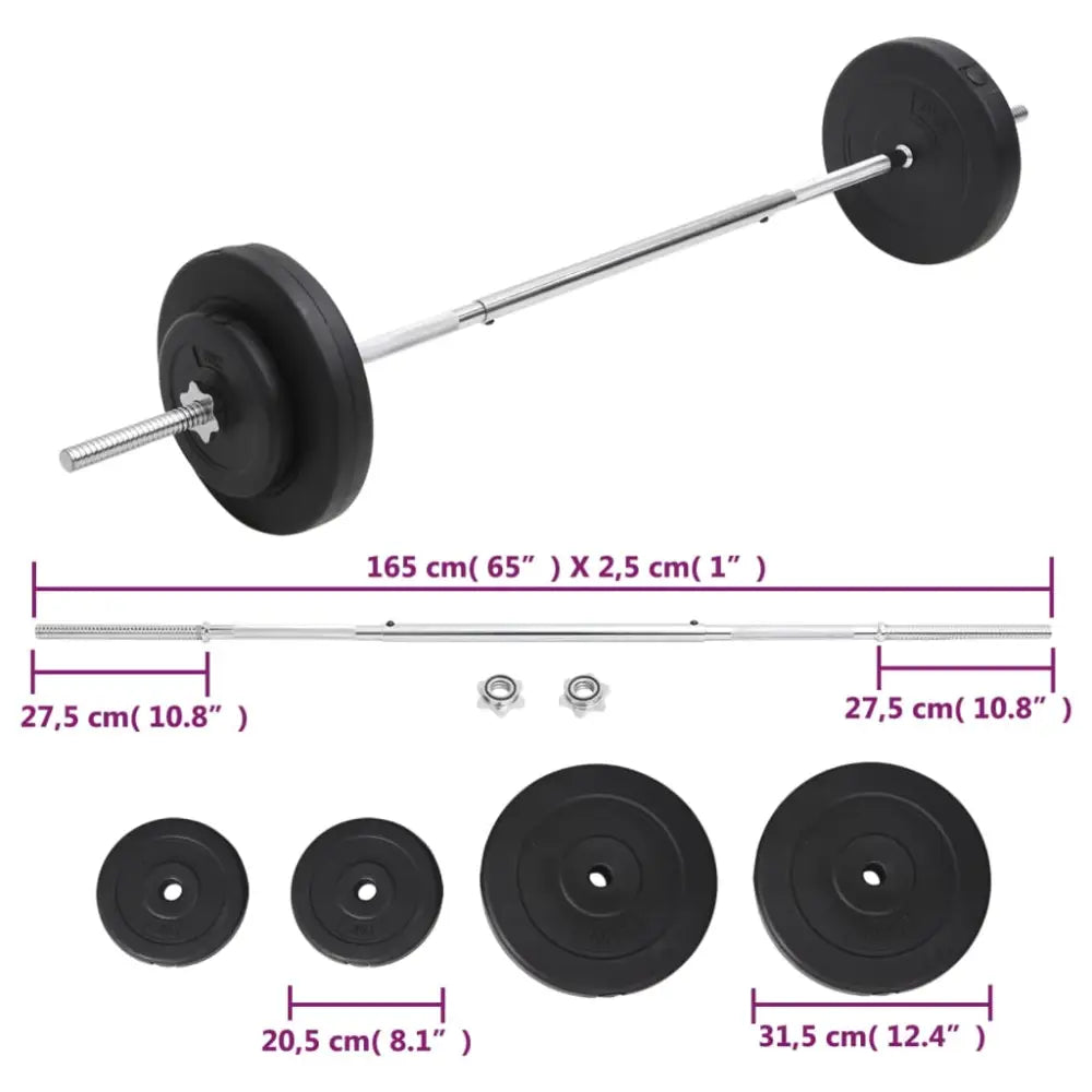 Barbell met halterschijven en afmetingen.