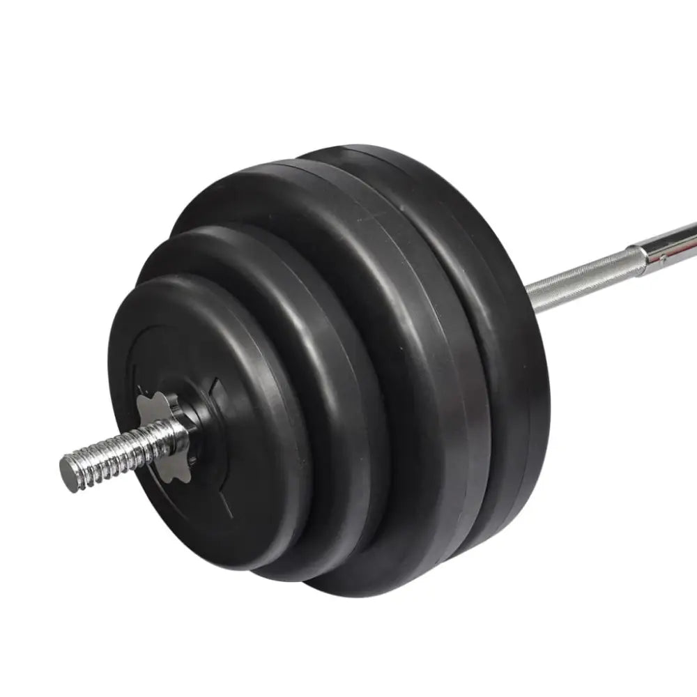 Barbell met zwarte halterschijven aan één uiteinde.