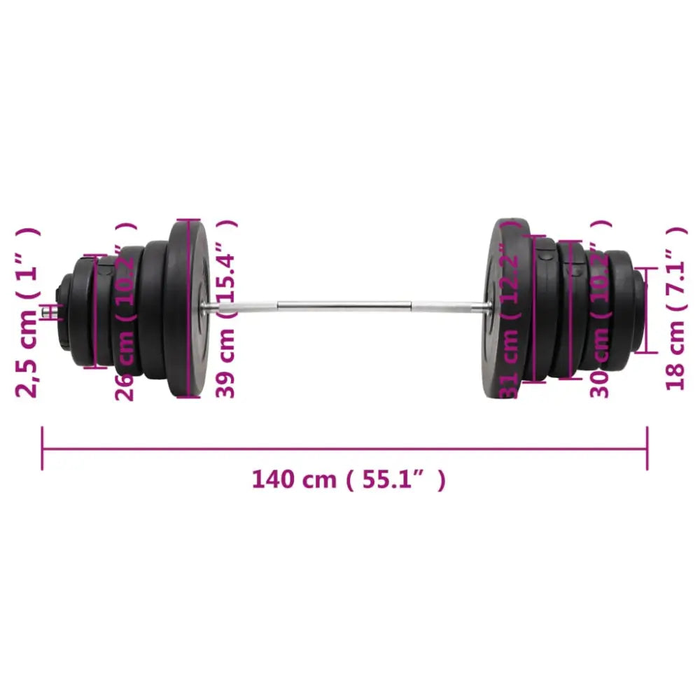 Barbell met halterschijven aan beide uiteinden, met een totale lengte van 140 cm.