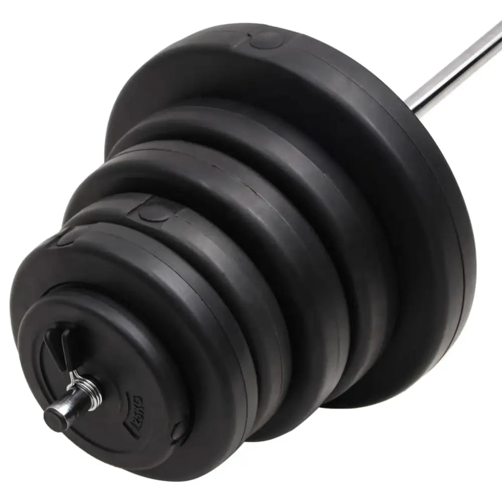 Barbell met zwarte halterschijven aan één uiteinde.