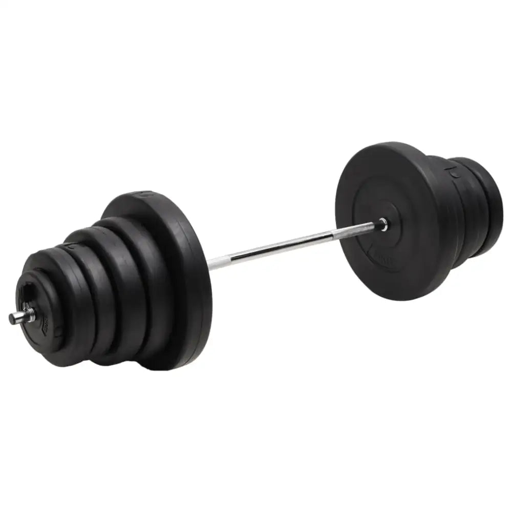 Barbell met zwarte halterschijven aan beide uiteinden.