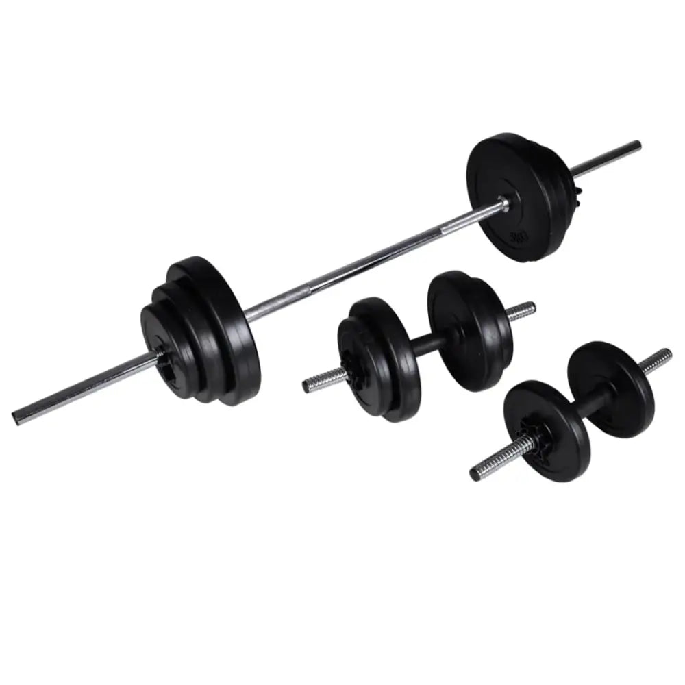 Gewichthefset met een barbell en dumbbells met zwarte halterschijven.