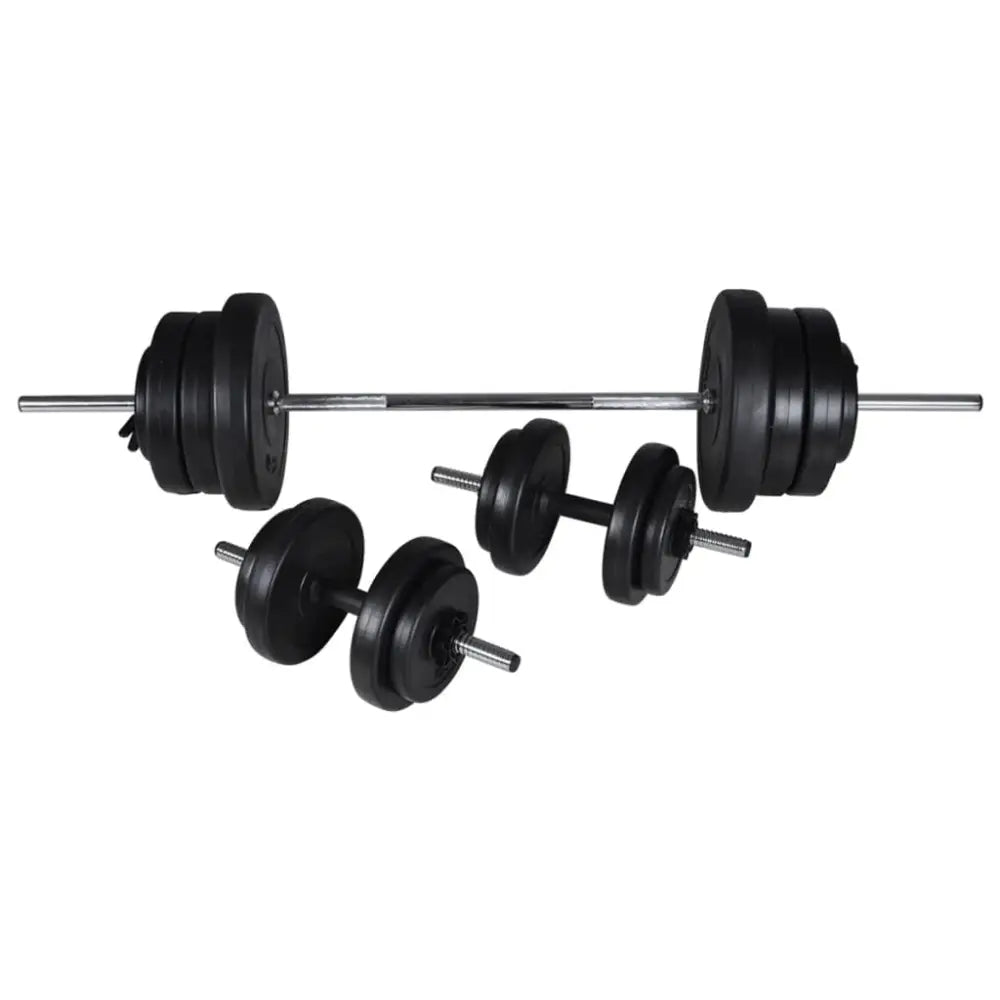 Gewichthefset met een barbell en dumbbells met zwarte halterschijven.