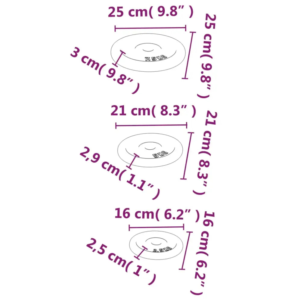 Diagram met afmetingen van drie ronde dierenkommen in verschillende maten.