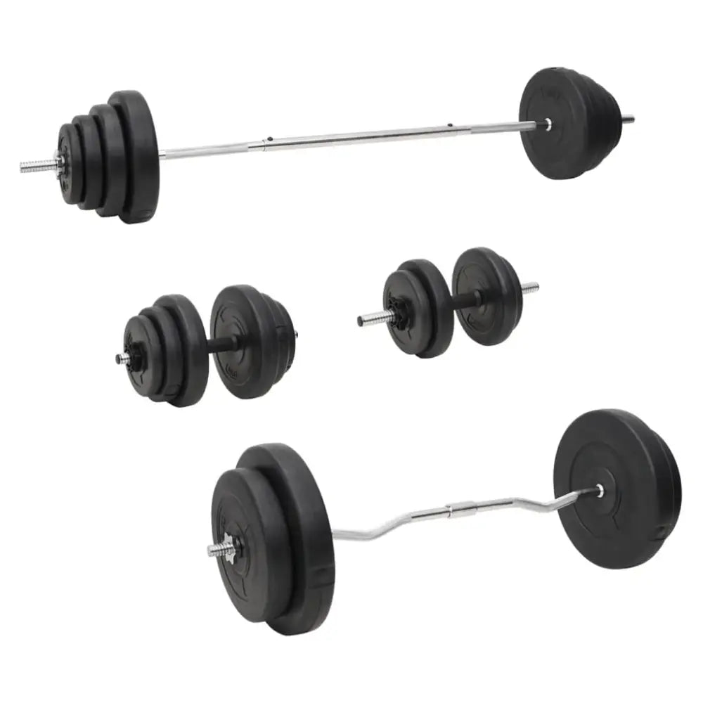 Apparatuur voor gewichttraining, waaronder een barbell en dumbbells met zwarte platen.