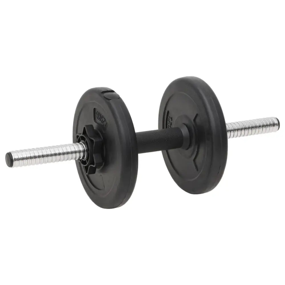 Dumbbell met zwarte ronde gewichten op een metalen stang.