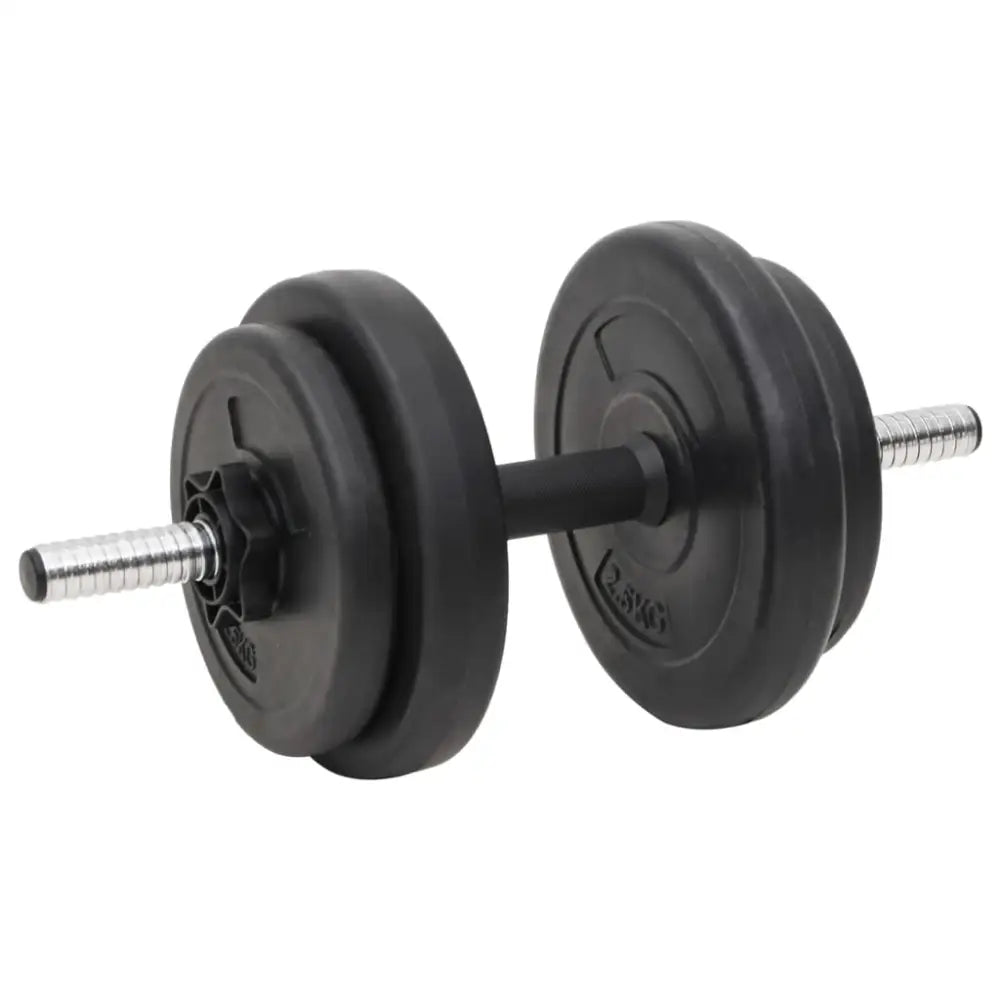 Dumbbell met zwarte halterschijven op een metalen stang.