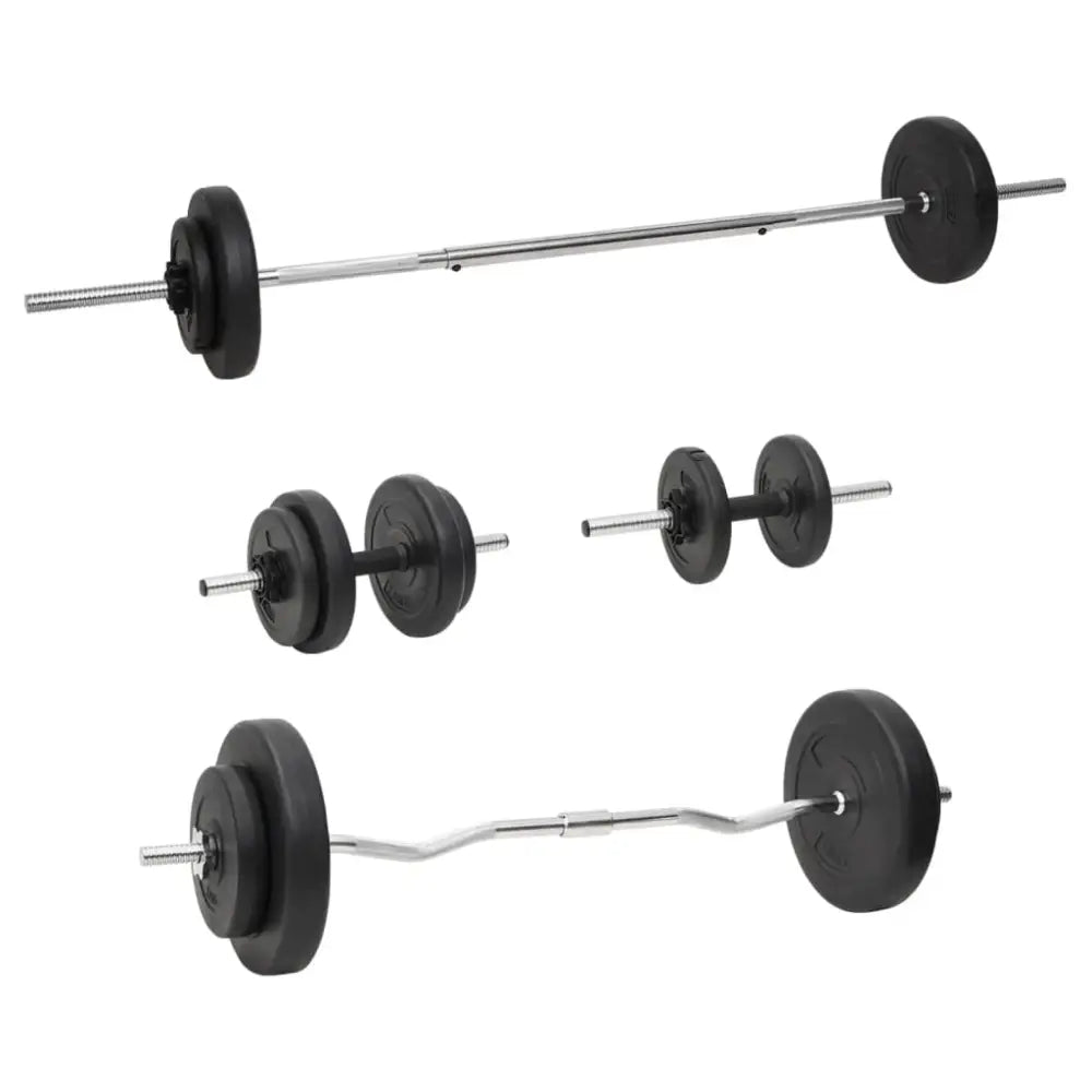 Apparatuur voor gewichtheffen, waaronder barbells en dumbbells met zwarte platen.