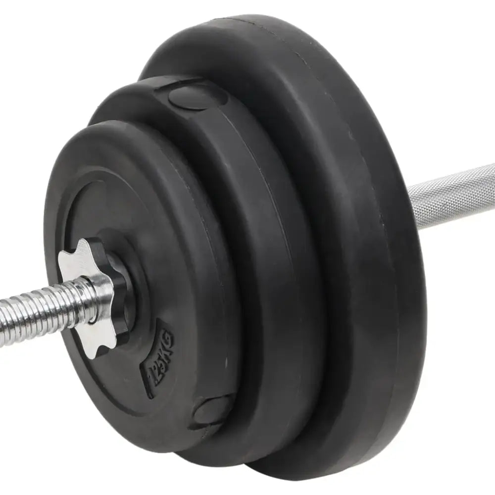 Dumbbell met zwarte halterschijven op een metalen stang.