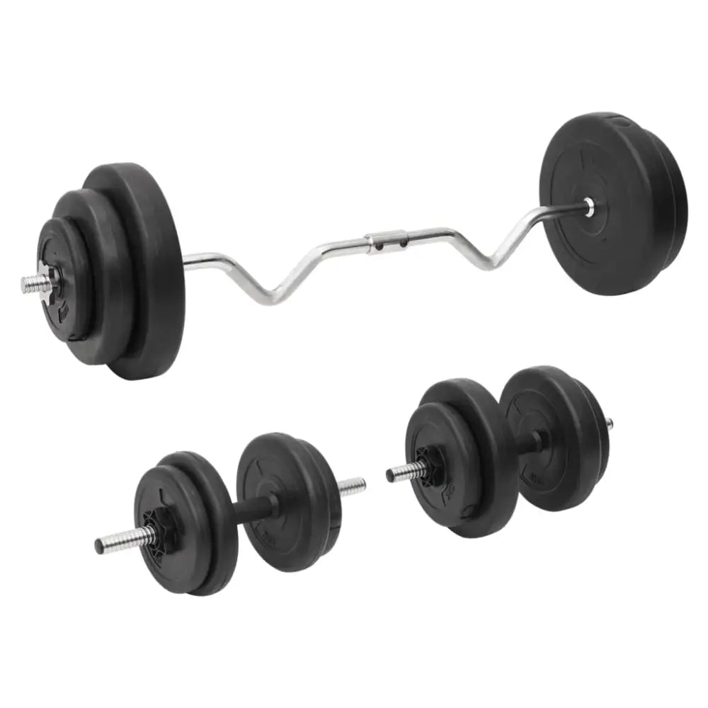 Gewichttrainingsset bestaande uit een barbell en dumbbells met verstelbare platen.