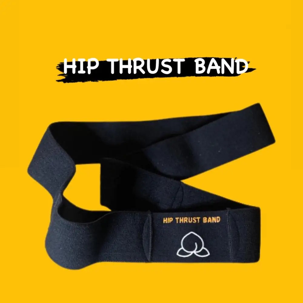 Zwarte elastische weerstandsband met ’HIP THRUST BAND’ erop gedrukt.