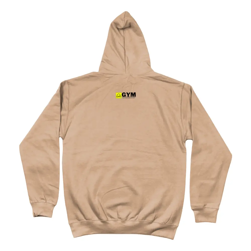 Beige sweatshirt met capuchon en gele opdruk ’GYM’ op de rug.