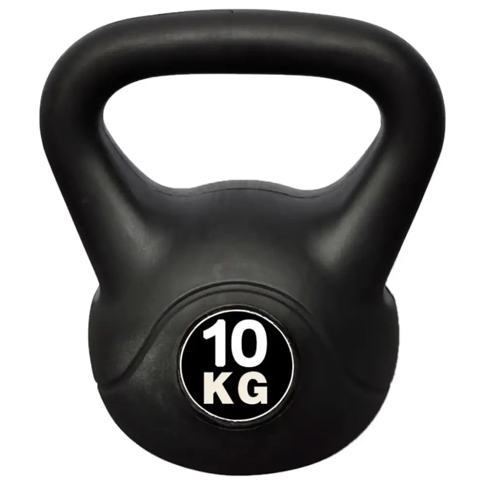 Zwarte kettlebell met ’10 KG’ op de voorkant.