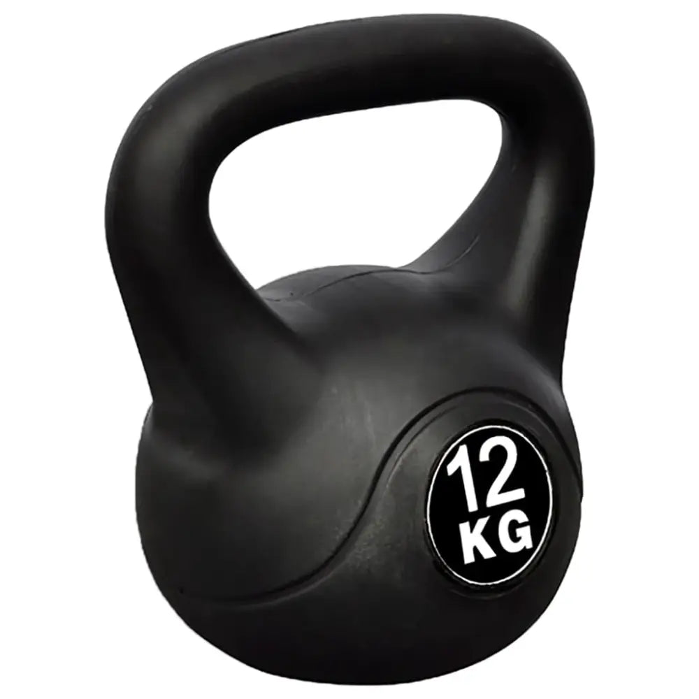 Zwarte kettlebell met ’12 KG’ op de voorkant.