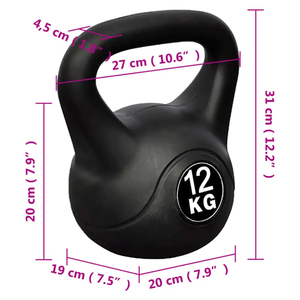 Zwarte kettlebell met ’12 KG’ gewichtsaanduiding en gelabelde afmetingen.