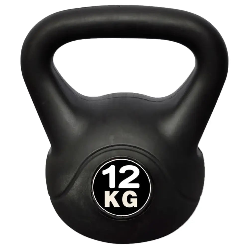 Zwarte kettlebell met ’12 KG’ op de voorkant.