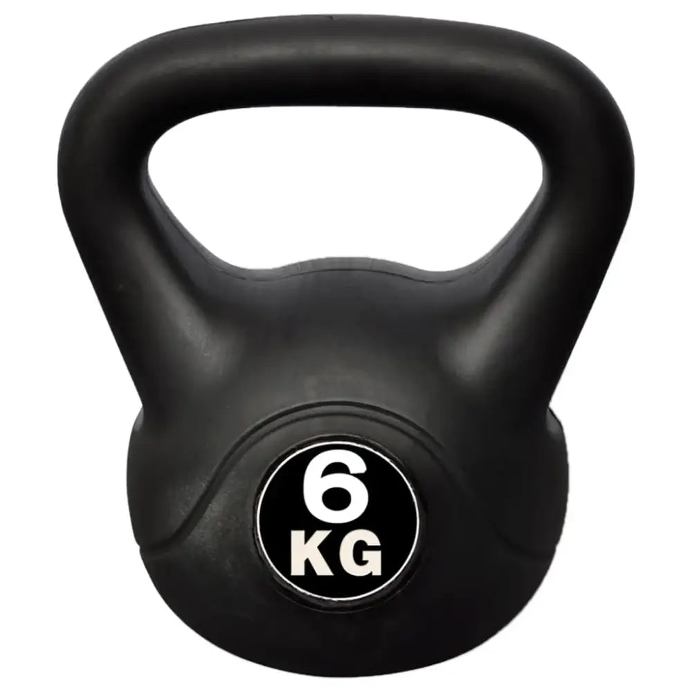 Zwarte kettlebell met ’6 KG’ op de voorkant.