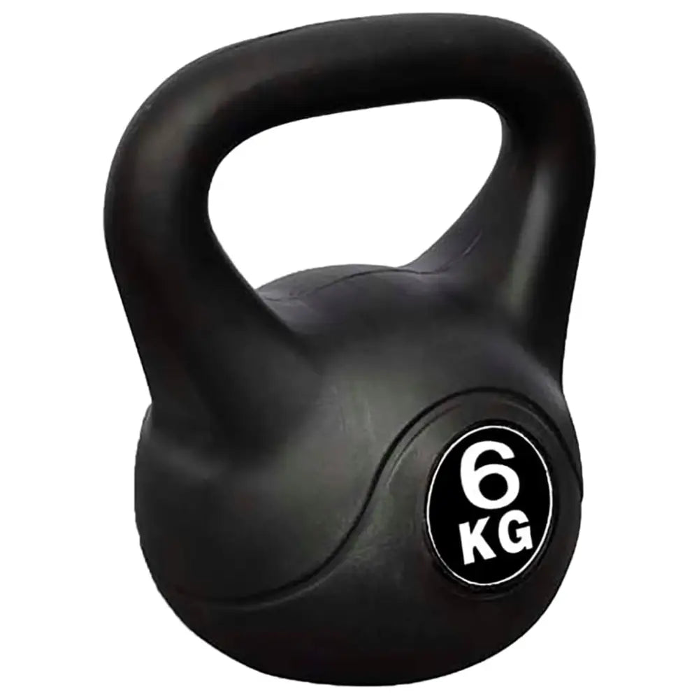 Zwarte kettlebell met ’6 KG’ op de voorkant.