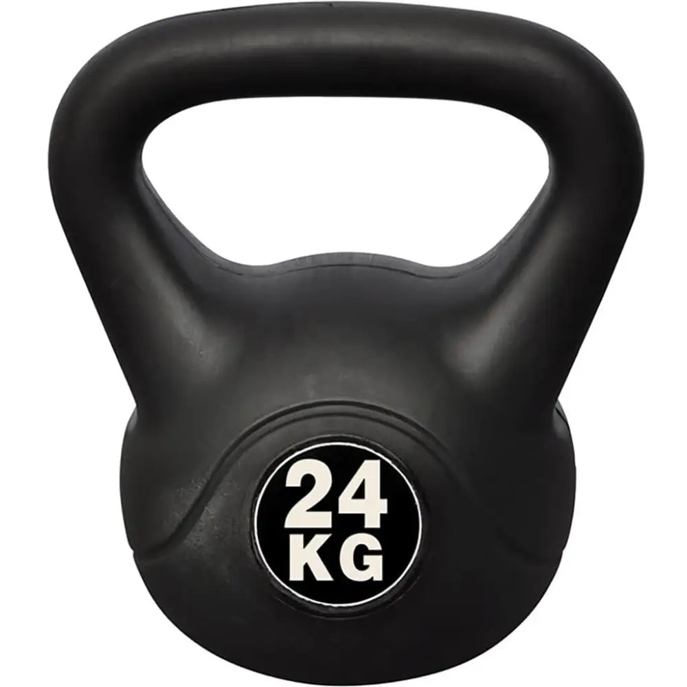 Zwarte kettlebell met ’24 KG’ op de voorkant.