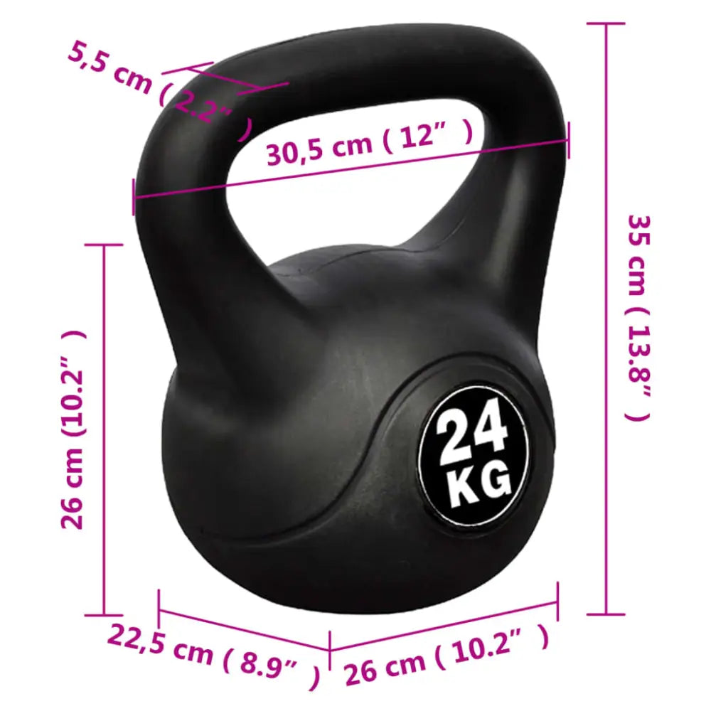 Zwarte kettlebell met ’24 KG’ gewichtsaanduiding en gelabelde afmetingen.