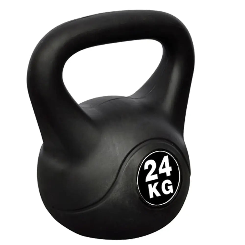 Zwarte kettlebell met ’24 KG’ op de voorkant.