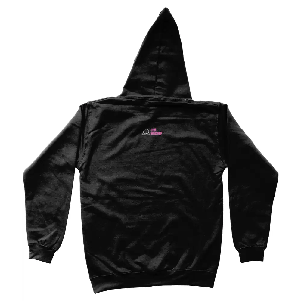 Zwart sweatshirt met capuchon en een klein roze logo op de borst.