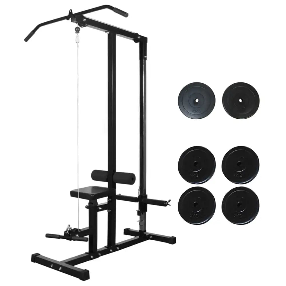 Black lat pulldown machine met gewichtsschijven, ideaal als fitness artikelen in sportwinkel