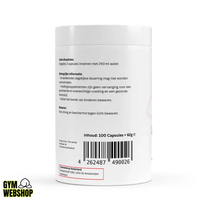 Witte supplement container met vegan capsules voor essentieel aminozuur in fitness artikelen