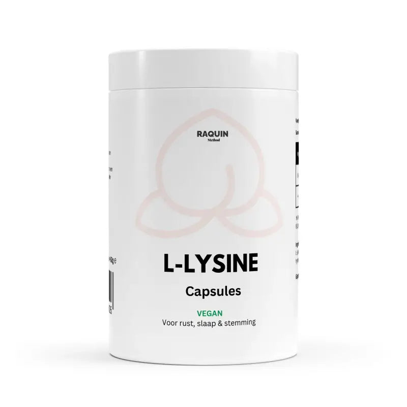 Witte container met vegan capsules van L-Lysine, essentieel aminozuur voor fitness artikelen