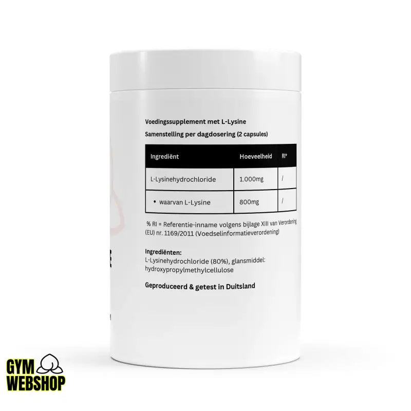 L-Lysine 100 capsules vegan supplement container voor essentieel aminozuur en fitness artikelen