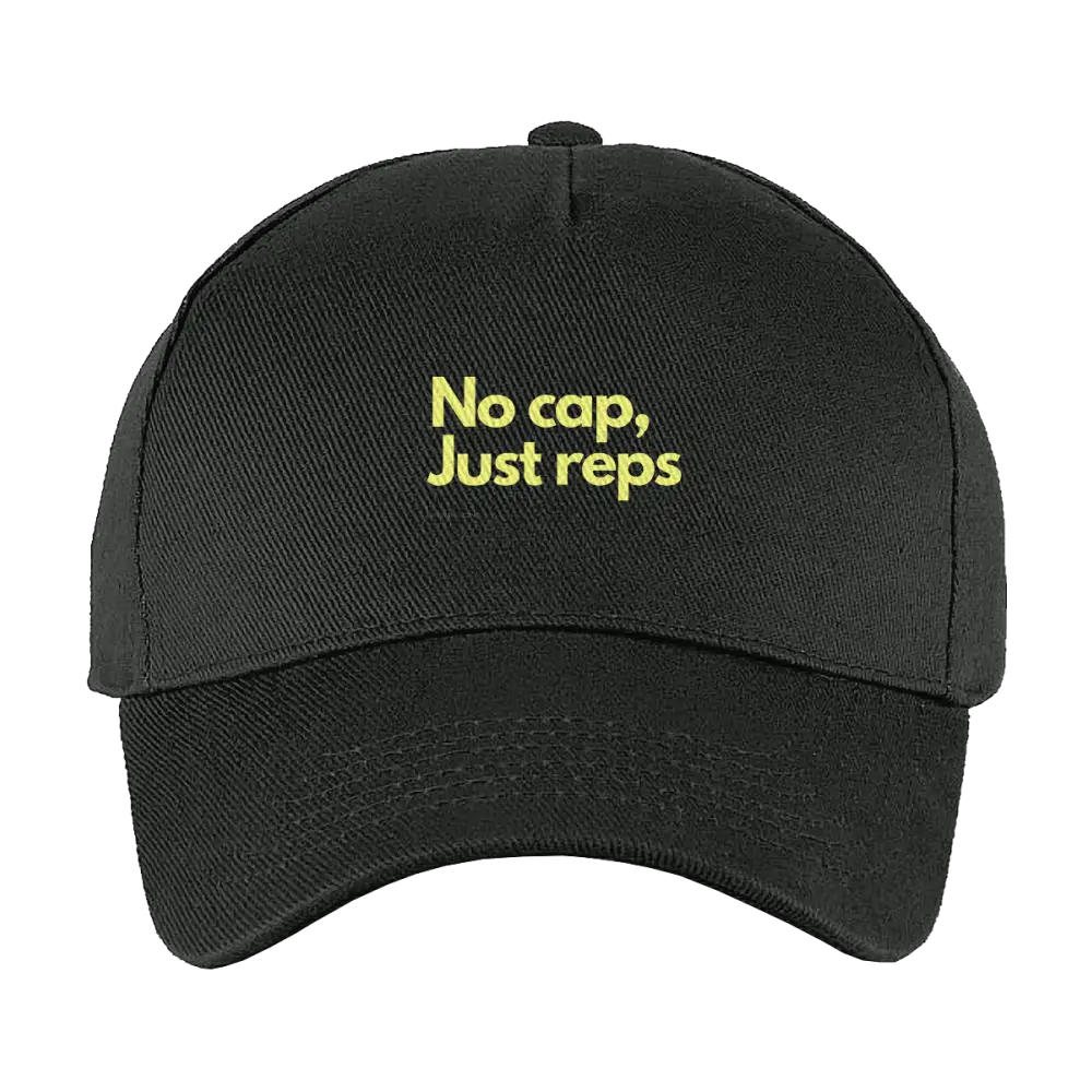 Zwarte baseballpet met gele tekst ’No cap, Just reps’.