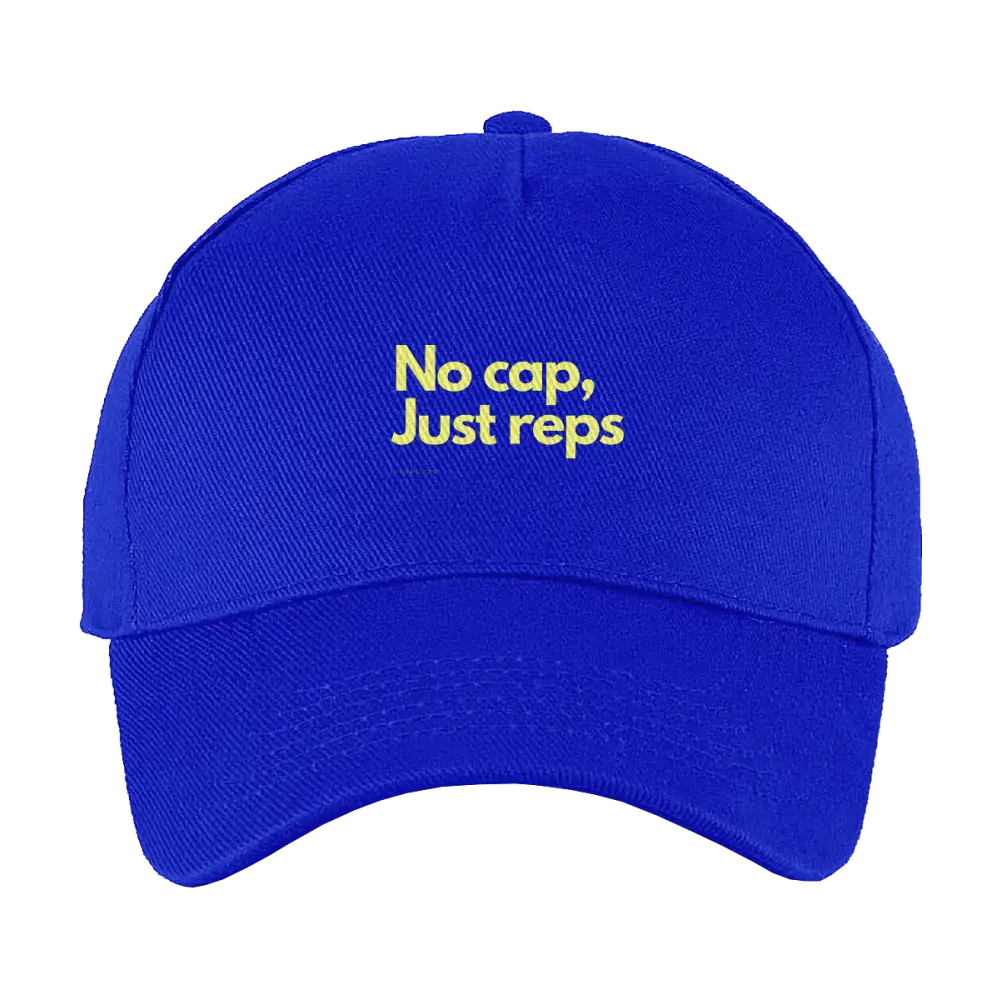 Felblauwe baseballpet met gele tekst ’No cap, Just reps’.