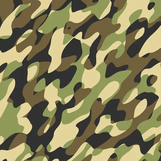 Camouflagepatroon met groene, bruine en beige onregelmatige vormen.