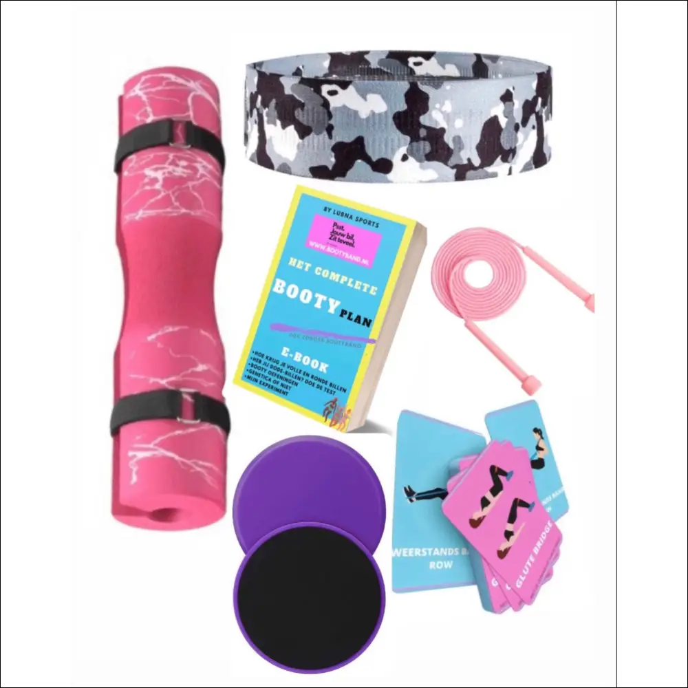 Voordelige sportartikelen combinatie deal. Inclusief roze barbell pad, camouflage bootyband, Booty E-Guide, Roze springtouw, Paarse soliders voor fitness en het fitnesskaartspel 