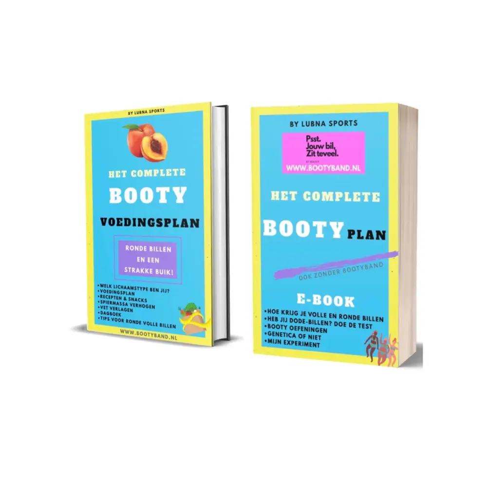 Twee kleurrijke boekomslagen voor ’Het Complete Booty Plan’ voedings- en oefengidsen.