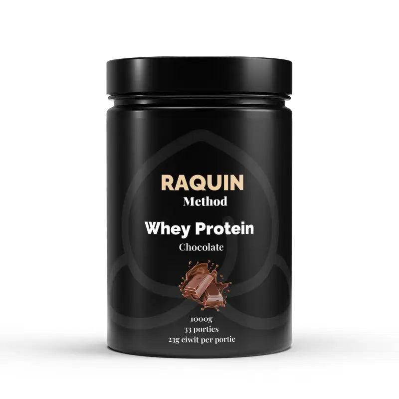 Zwarte container van chocolade whey eiwit voor thuis sporten bekijk bij RAQUIN