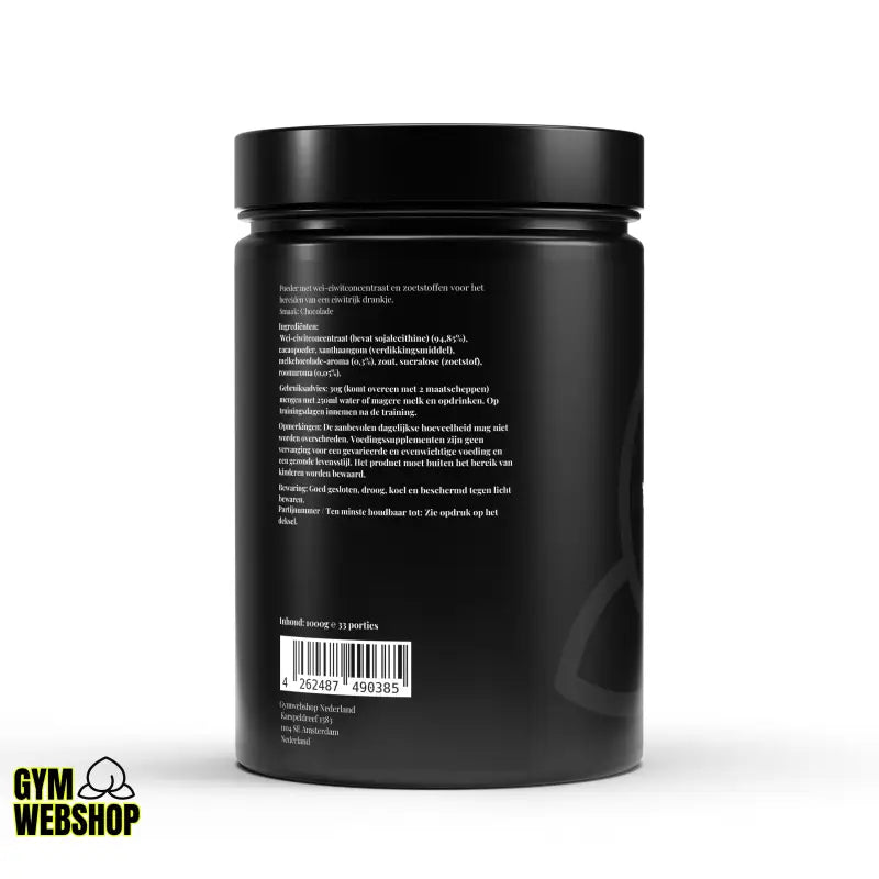 Zwarte supplement container van Whey Eiwit Chocolate 1000g – RAQUIN Method voor thuis sporten bekijk