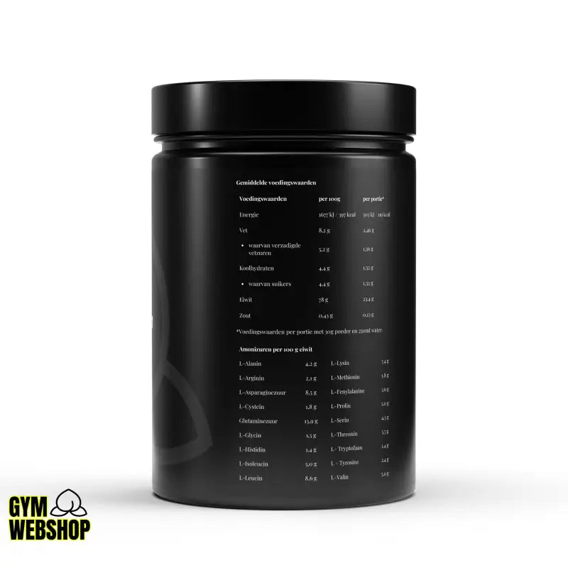 Zwarte supplement container bij Whey Eiwit Chocolate 1000g RAQUIN Method voor thuis sporten