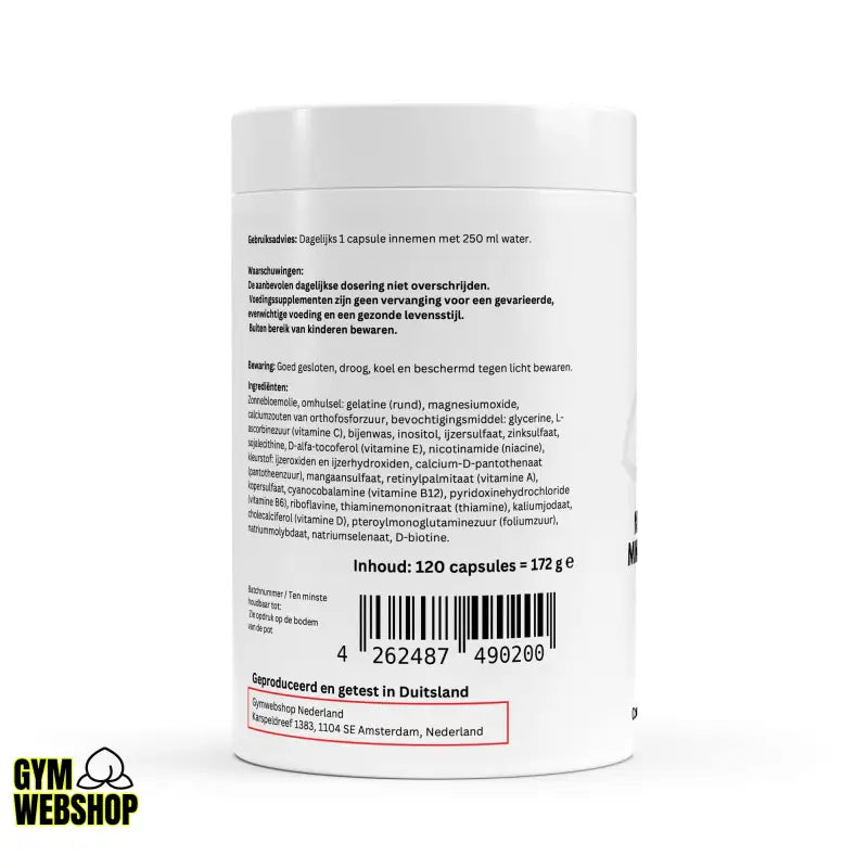 Witte verpakking voor vitamines met ingrediëntenlijst, perfect voor fitness artikelen